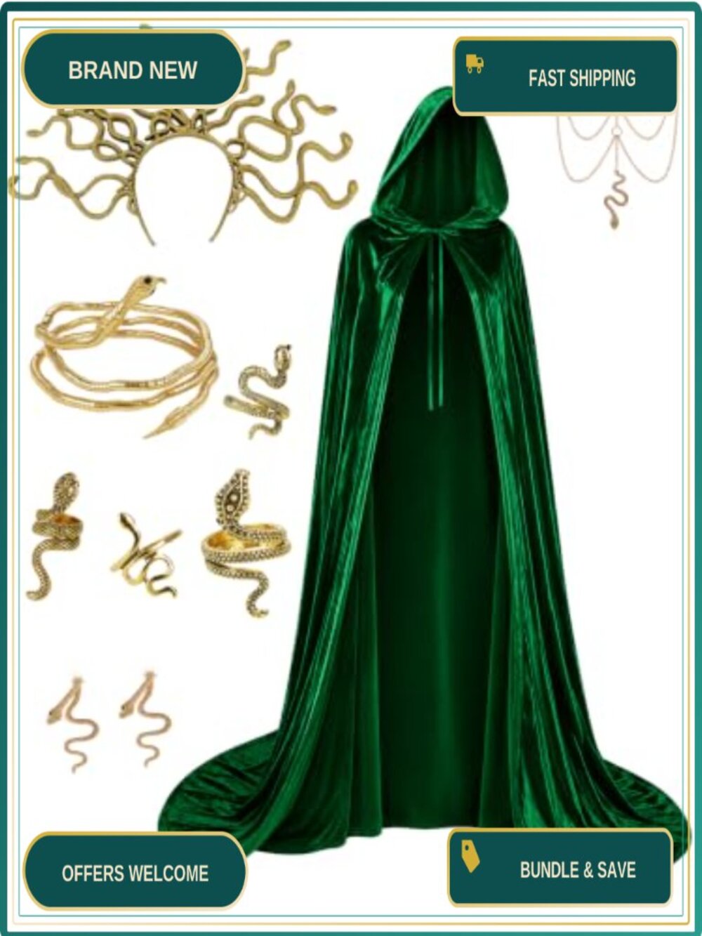 Medusa Costume Women Velvet Hooded Cloak Snake Jewelry 9 Pc Set